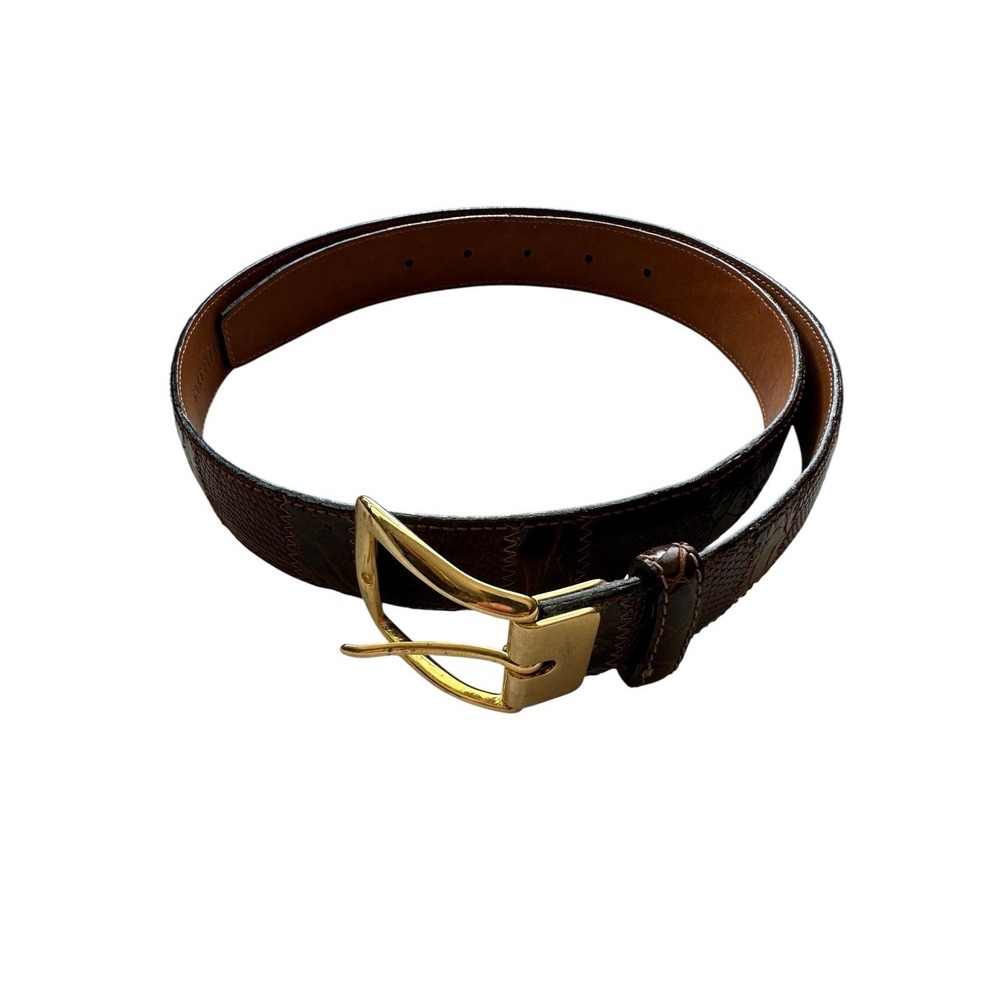 Saks Fifth Avenue Mens Brown Patchwork Lizard Crocodile Belt 34 Brass Buckle